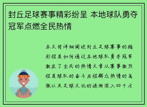 封丘足球赛事精彩纷呈 本地球队勇夺冠军点燃全民热情