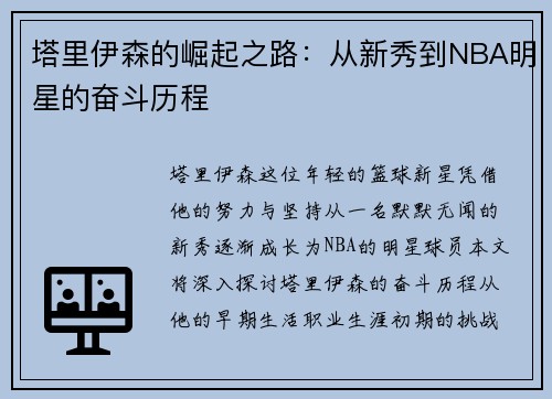 塔里伊森的崛起之路:从新秀到NBA明星的奋斗历程